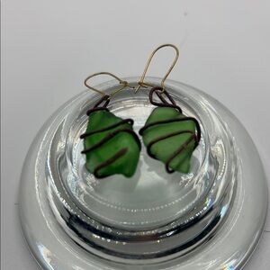 Green Beach Glass Leaf Earrings with Gold Hooks